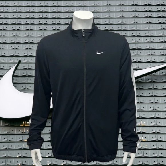 Nike Black White Two Stripe Track Running Swoosh Full Zip Jacket Size XL X-Large - Picture 1 of 12